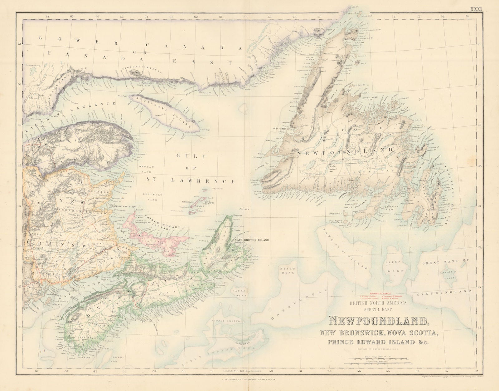 Newfoundland New Brunswick Nova Scotia PEI. Canada Maritimes FULLARTON c1863 map